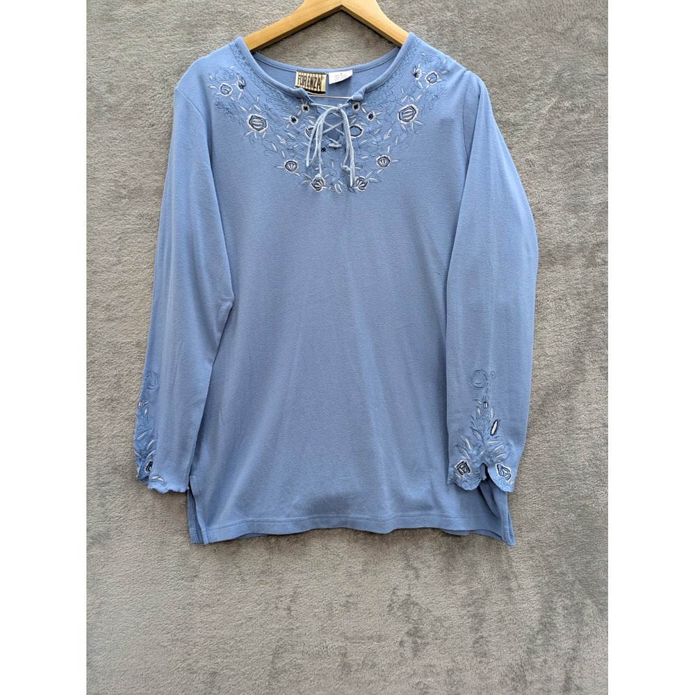 Cottagecore Embroidered Long Sleeve Top Women Small Blue Lace Up Forenza Cotton